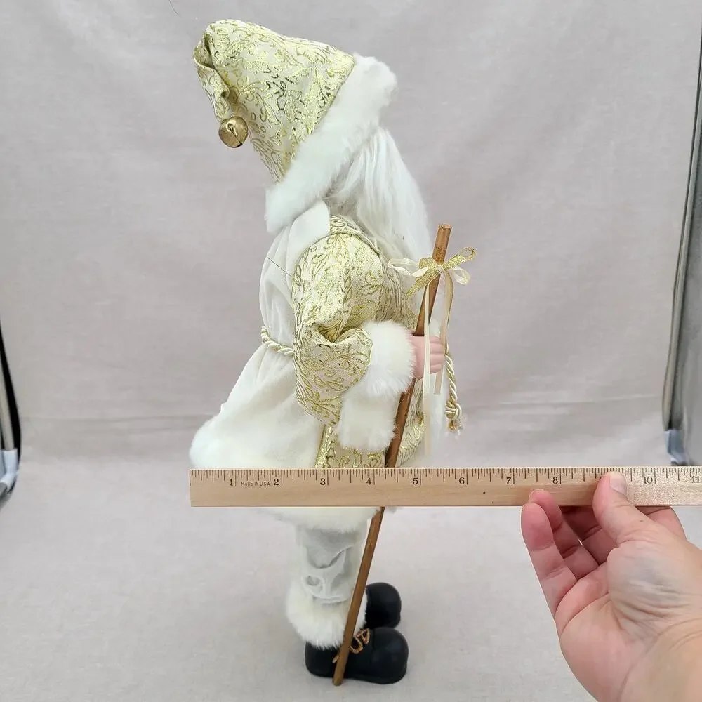 Vintage Santa Claus Figurine - White Gold With Staff, Faux Fur Trim - 18